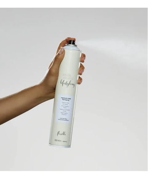 Lakier do włosów z masłem shea, olejem arganowym i pantenolem Milk Shake Lifestyling Medium 500ml Lakier do włosów z masłem shea, olejem arganowym i pantenolem Milk Shake Lifestyling Medium 500ml